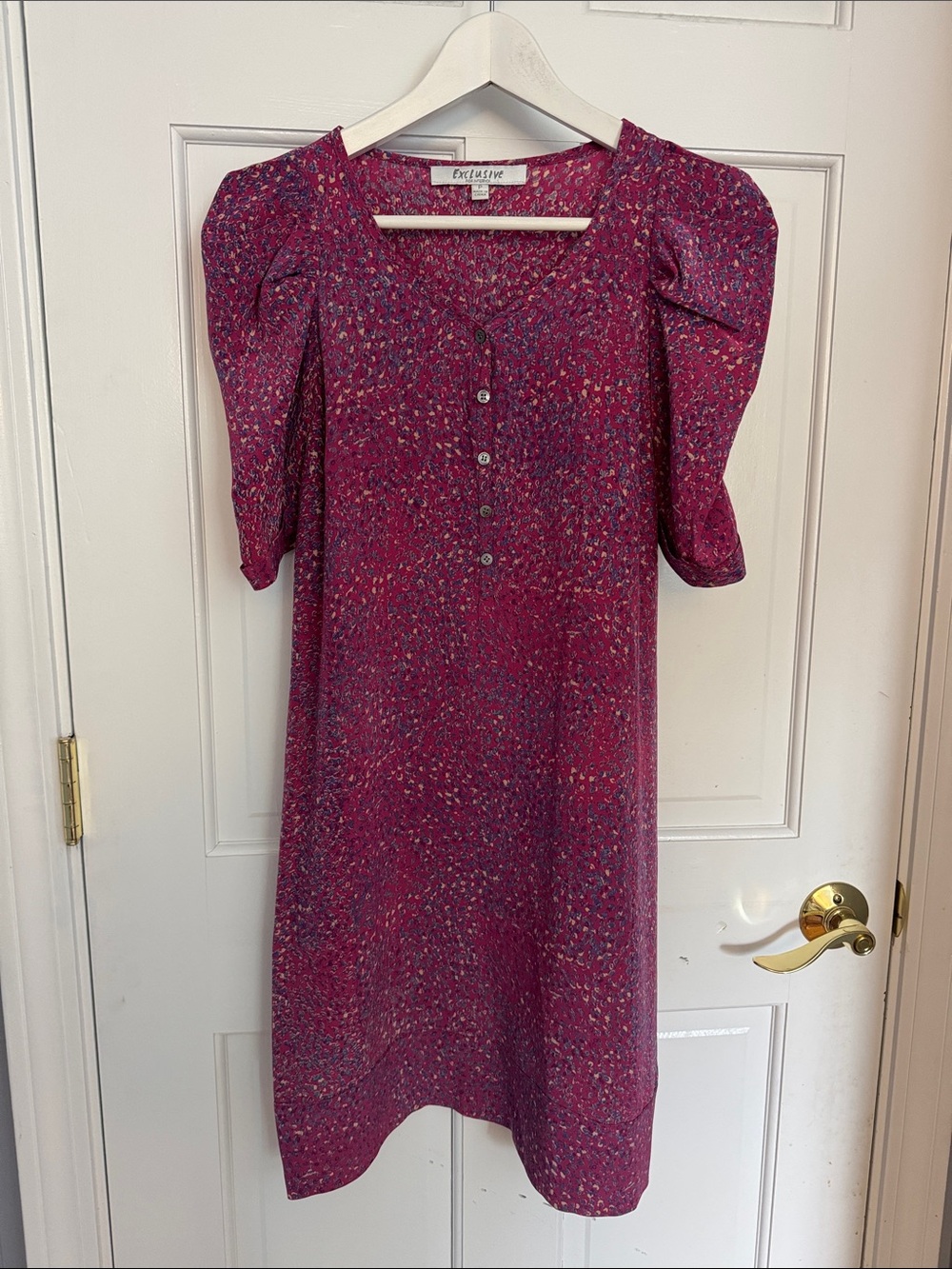 INTERMIX Fuchsia Multicolor Speckle Puff-Sleeve Midi Dress 100% Silk